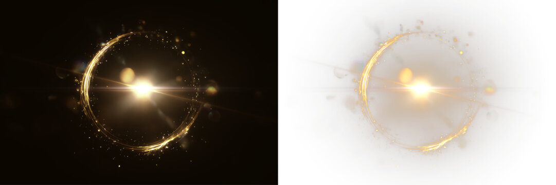 Gold Light Halo with Sparkling Particles Isolated on Transparent Background PNG. Golden circle isolated