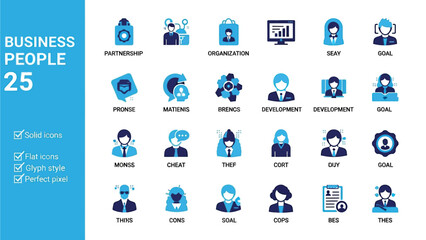 Obraz premium Collection of twenty five blue and black business people icons representing various professional concepts and roles