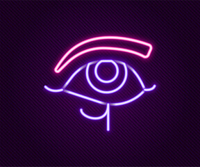 Glowing neon line Eye of Horus icon isolated on black background. Ancient Egyptian goddess Wedjet symbol of protection, royal power and good health. Colorful outline concept. Vector