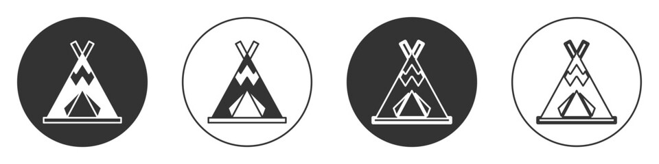 Black Traditional indian teepee or wigwam icon isolated on white background. Indian tent. Circle button. Vector © Kostiantyn