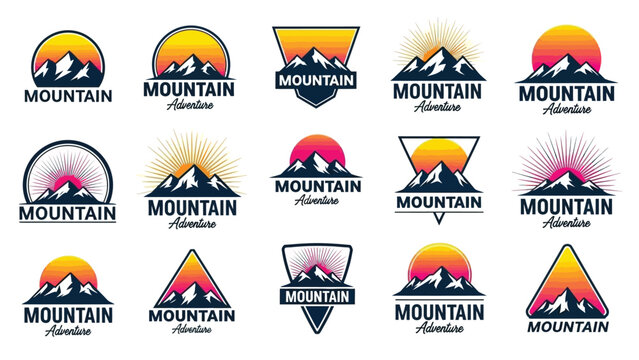 Collection of stylized mountain and sun logo designs perfect for outdoor adventure brands