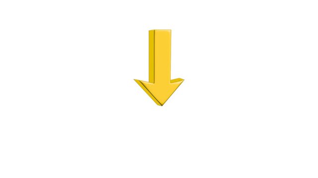 Minimalist 3D yellow arrow animation pointing down on white background, perfect for download icons, call to action, and modern video transitions.
