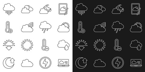 Obraz premium Set line Weather forecast, Cloud with rain, Sun and cloud weather, moon, Rainbow clouds, Meteorology thermometer, and icon. Vector