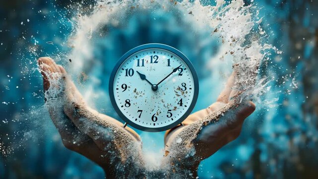 Slow motion hands holding vintage clock underwater in 4k cinematic footage with splashing water