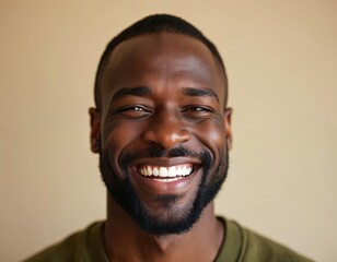 Obraz premium Close up portrait of a smiling African American man with short hair and a beard. His eyes crinkle with genuine joy and his teeth are white. He wears a green shirt.