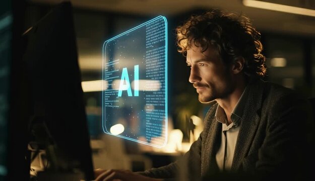 Young software engineer developer working on futuristic AI hologram interface in dark office. Artificial intelligence, machine learning, and deep learning technology concept for big data analysis.