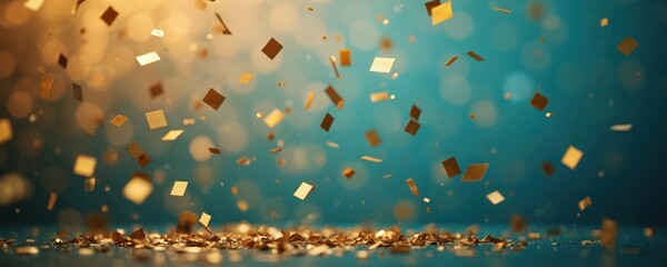Fototapeta premium Golden squares fall in celebration against a blue bokeh background. Festive atmosphere for holidays, parties, New Year, awards or special events.