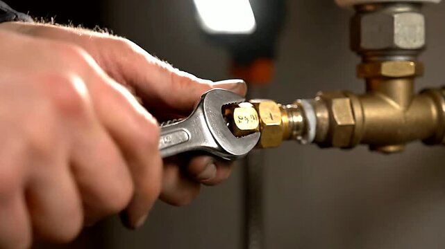 Close up of hands using wrench on pipe fitting in indoor setting or Close up of wrench tightening pipe in indoor setting