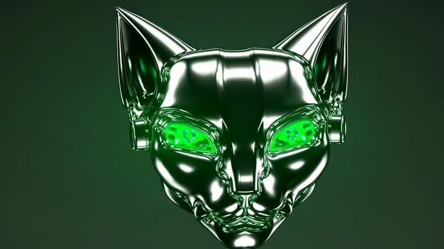 The image features a shiny robotic cat head with glowing purple eyes. This metallic cat emphasizes its sleek design and futuristic components.