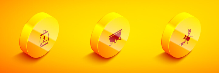 Set Isometric Camping lantern, Halloween witch cauldron and Flying bat icon. Vector