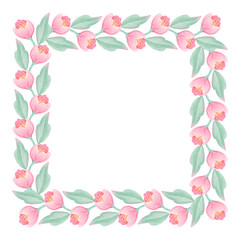 Fototapeta premium A soft and delicate watercolor illustration of a pink flower with green and purple leaves. Frame. The vibrant pastel tones make it perfect for invitations, stationery, and other floral-themed designs.