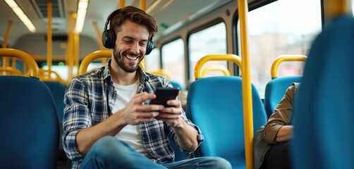 Smiling man wearing headphones plays game on smartphone while riding bus. He travels happily, using phone for fun or entertainment during commute.