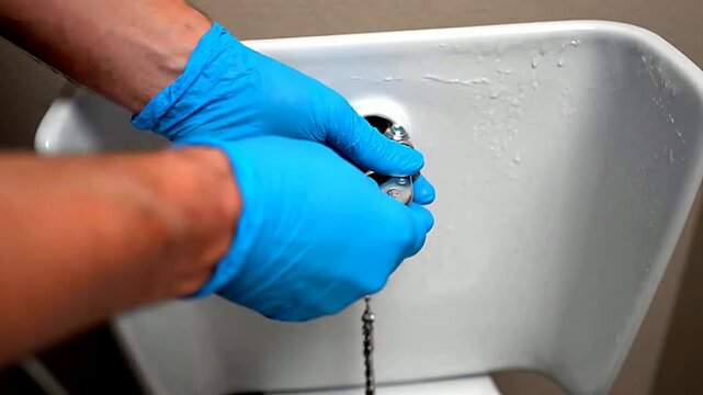Close up of hands repairing toilet mechanism in bathroom or Close up of gloved hands fixing toilet flapper in restroom
