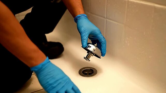 Close up of hands repairing drain in bathtub or Close up of hands removing drain in bathroom