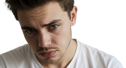 Man wearing white t-shirt with serious expression, isolated on transparent background. for fashion and apparel branding