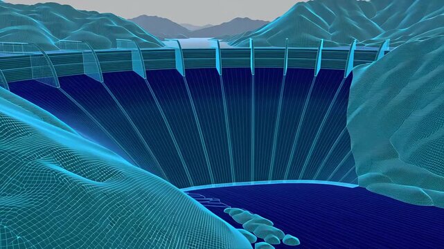 Hydroelectric dam power station for Hydro energy electricity infrastructure Industrial Water Engineering 2D Cartoon Model Style