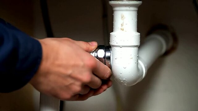 Close up of hands adjusting pipe under sink or Close up of hands tightening pipe under sink
