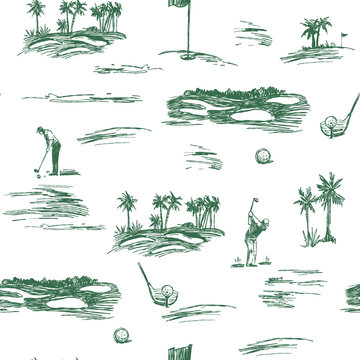 Golf sketch seamless pattern. Sports tools vector illustration. Hand drawn vintage style, isolated