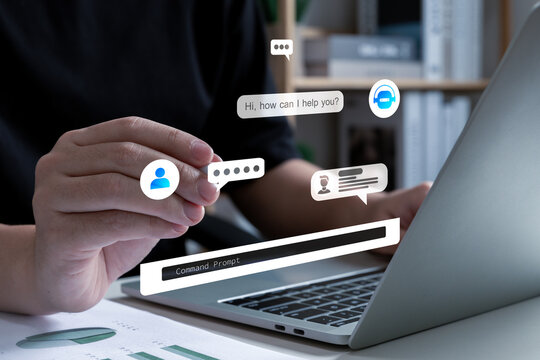 Chatbot Automation. business man using AI chat bot application on laptop computer, artificial intelligence, machine learning, data analysis, digital innovation, future AI technology trends concept