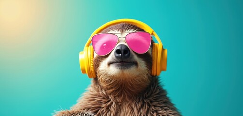 Obraz premium Sloth wearing sunglasses and headphones on a bright turquoise background. This animal enjoys music and summer vibes. Perfect for concepts like relaxation, chill, or podcast.