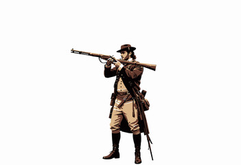 Obraz premium Historical Reenactment of 18th Century Soldier in Authentic Period Costume with Musket Aim