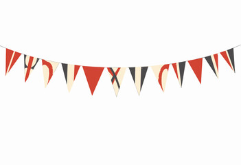 Obraz premium String of Colorful Triangular Banners with Red, Black and Beige Patches Creating Festive and Cheerful Decoration Theme on White Background