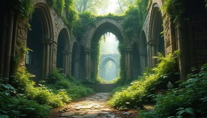 Obraz premium Stone arches covered in vines lead into a sunlit forest ruin. A path winds through rich green plants. Sunlight filters through trees, illuminating ancient architecture overgrown by nature.