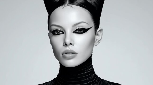 Elegant caucasian woman with slick hairstyle and graphic black eyeliner on clean studio background Concept of classic beauty and high fashion minimalism