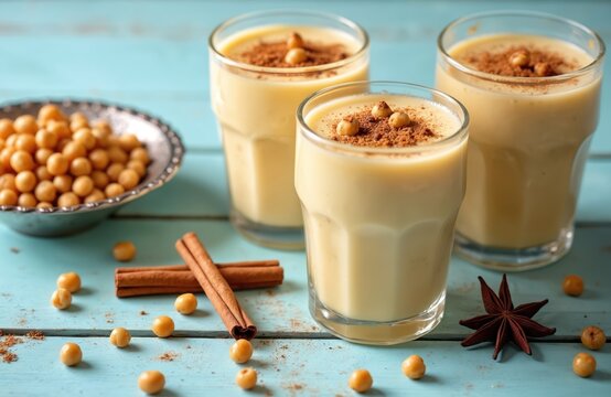 Boza drink in glasses topped with cinnamon and chickpea seeds. Roasted chickpeas, cinnamon sticks, and star anise scattered on blue table. Traditional Turkish beverage served cold.