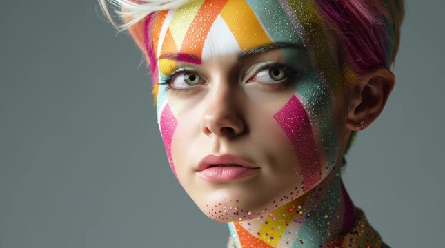 Young caucasian woman with short colorful hair and rainbow face paint in profile on neutral background Concept of diversity creativity and self identity
