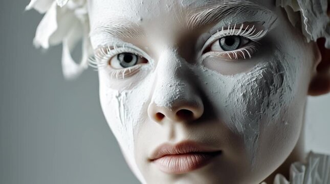 Close up portrait of woman with white textured face paint and pale aesthetic on soft gray background Concept of purity fragility and artistic transformation