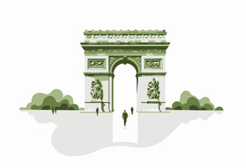 Fototapeta premium Majestic Stone Arch Monument with Decorative Sculptures Surrounded by Greenery and Visitors on a Clear Day