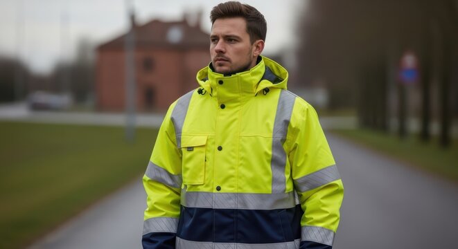 Man wearing high-visibility safety jacket on a road