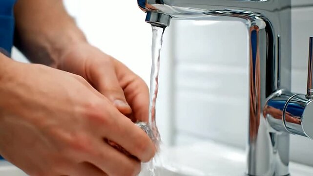 Close up of hands holding faucet aerator under running water in a bathroom or POV of person rinsing part under stream of water in a home
