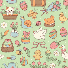 Spring and easter kawaii doodles seamless pattern for nursery textile prints, kids apparel, wallpaper, stationery, wrapping paper, banners, backgrounds, holiday decor. EPS 10