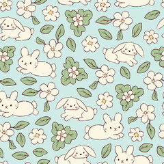 Easter bunnies seamless pattern with flowers leaves on blue background for wallpaper, wrapping paper, textile prints, scrapbooking, etc. EPS 10