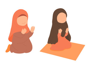 Two Muslim Girls Praying in Flat Cartoon Style