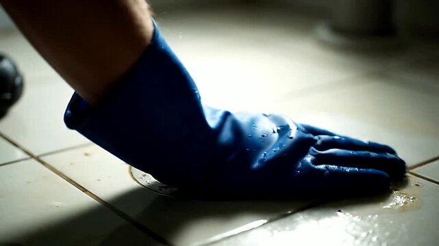 Close up of hand reaching drain in floor or Close up of hand touching blockage in drain