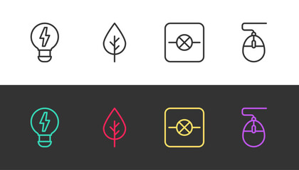 Naklejka premium Set line Creative lamp light idea, Leaf Eco symbol, Lamp in electronic circuit and Computer mouse on black and white. Vector