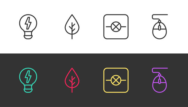 Set line Creative lamp light idea, Leaf Eco symbol, Lamp in electronic circuit and Computer mouse on black and white. Vector