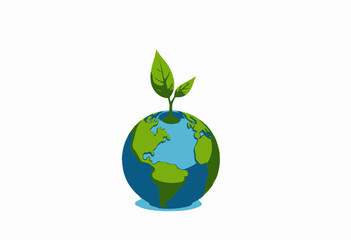 Illustration of the Earth with a Growing Plant Symbolizing Environmental Conservation and Global Sustainability on a White Background
