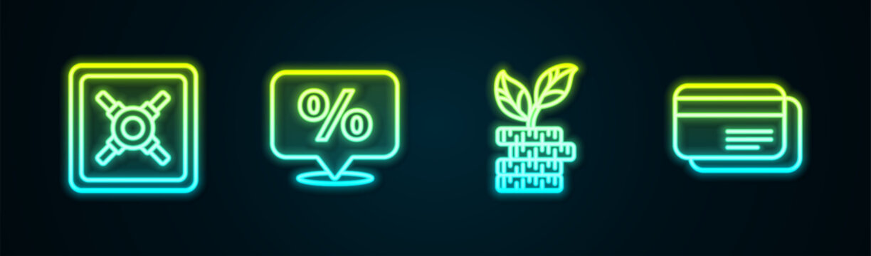 Set line Safe, Discount percent tag, Dollar plant and Credit card. Glowing neon icon. Vector