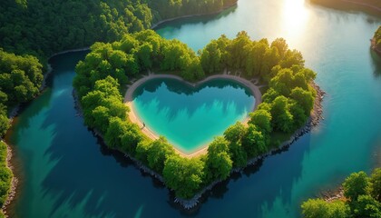 Aerial drone view of a heart shaped lake surrounded by green forest. Clear turquoise water, sandy beach, sunny day. Peaceful nature scene, ideal for romance or eco-tourism themes.