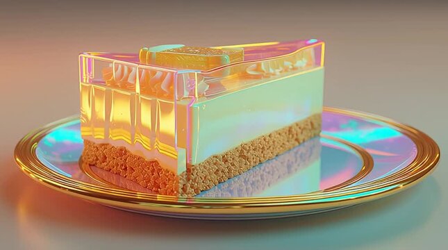 Futuristic jelly cake slice with translucent layers on holographic plate against soft gradient background Concept of experimental dessert and modern food design