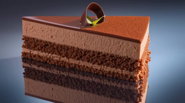 Classic chocolate layer cake slice with smooth mousse and dark cocoa glaze on studio background Concept of timeless dessert and rich chocolate flavor