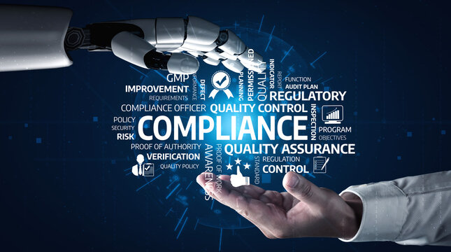 A robotic hand reaches out to a human hand, symbolizing collaboration in compliance and quality assurance. Digital elements enhance the theme of innovation and regulatory standards. Tessel