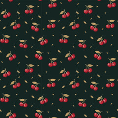Seamless Flat Cherry Pattern with Floating Leaves Background