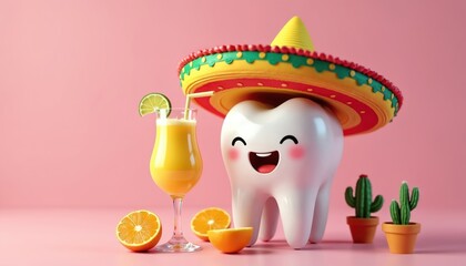 Fototapeta premium Happy tooth character wearing sombrero drinks orange juice with lime slice. Cute molar with rosy cheeks and smiling face, small potted cacti nearby. Festive fun theme for dental care.