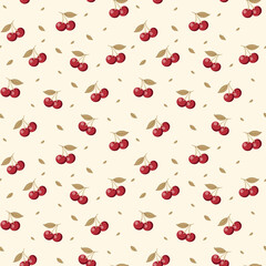 Seamless Flat Cherry Pattern with Floating Leaves Background