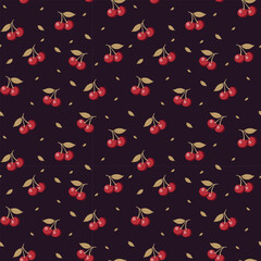 Seamless Flat Cherry Pattern with Floating Leaves Background